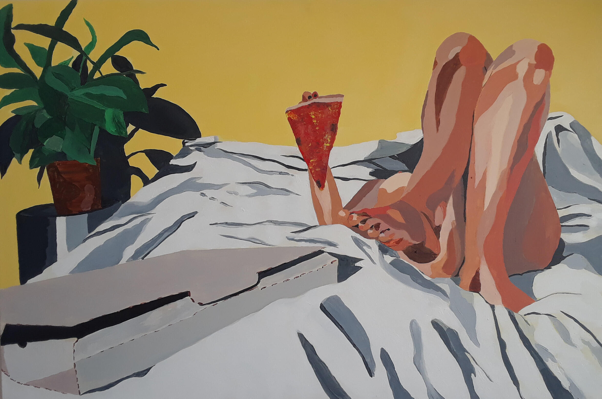 I eat pizza alone acrylic on canvas. 80*120cm.