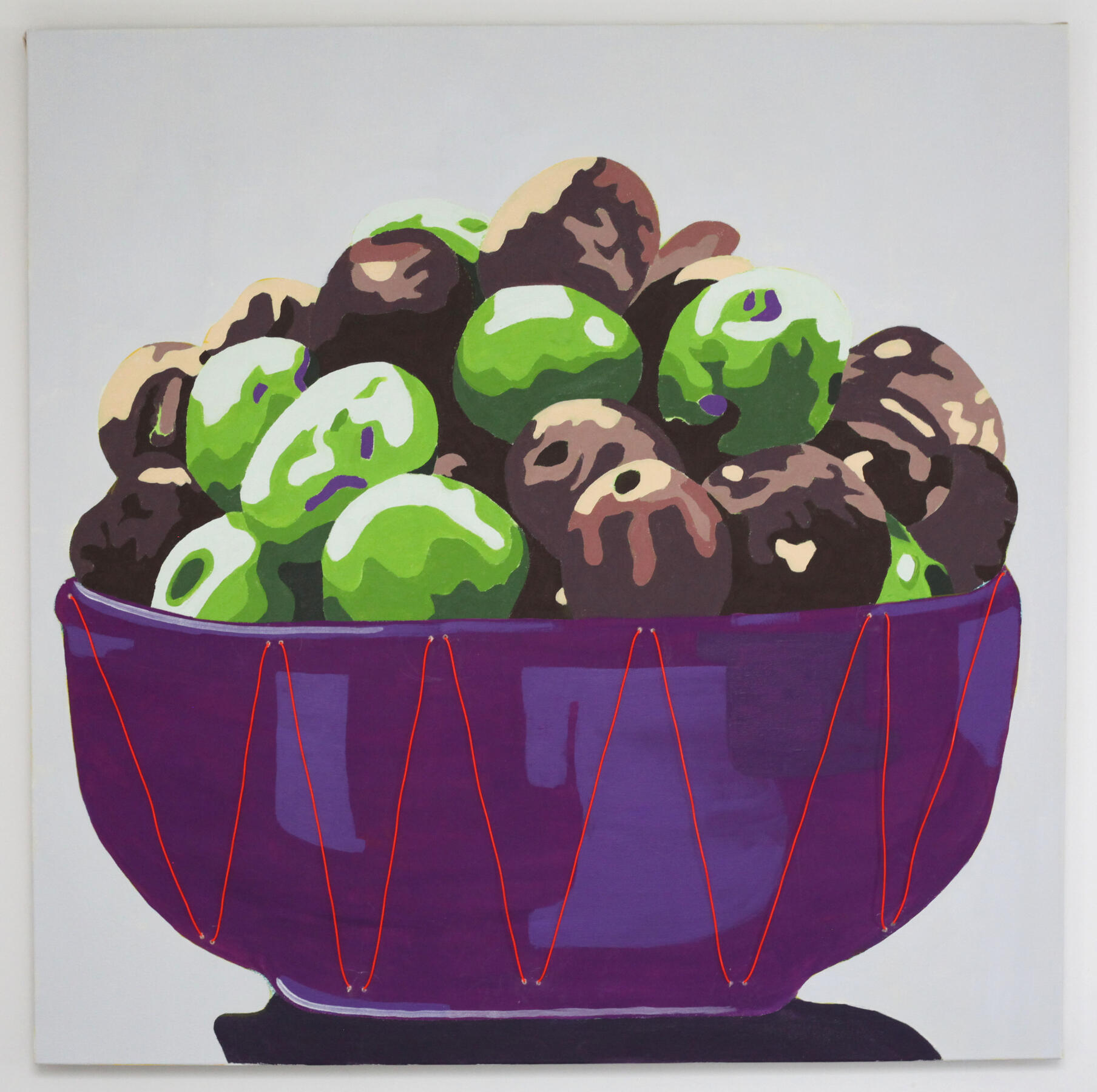 Olives in a purple bowl, 6ft x 6ft, Acrylic on Canvas with LED, 2022